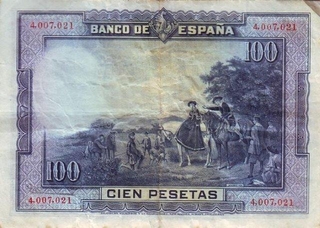 Paper money of Spain of 100 Pesetas of 1928 issued.