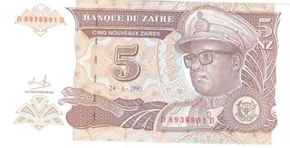 Paper Money of Zaire of 5 Nauveaux of 1993 issued.