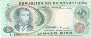 Paper money of Philippi0ans of 5 Piso.