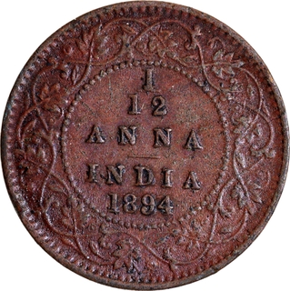 Scarce Copper One Twelfth Anna Coin of Victoria Empress of Calcutta Mint of 1894.