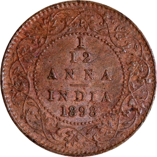 Rare Copper One Twelfth Anna Coin of Victoria Empress of Calcutta Mint of 1898.