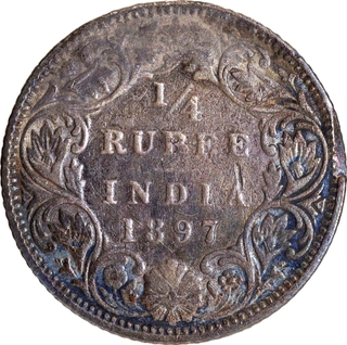 Silver Quarter Rupee Coin of Victoria Empress of Bombay Mint of 1897.