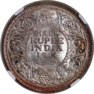 Rare NGC MS 64 Graded Silver Half Rupee Coin of King George V of Bombay Mint of 1914.