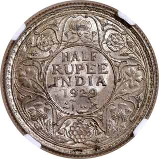 Rare NGC MS 65 Graded Silver Half Rupee Coin of King George V of Calcutta Mint of 1929.