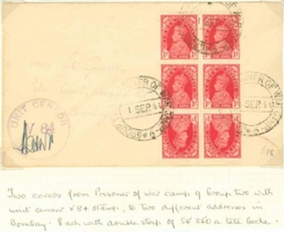 1944, KGVI, 1A, Block of 6, Tete Beche, Unit Censor cancellation Mark "V 84", Group of Two Prisoner of War Camp. Excellent Condition,