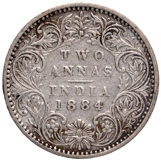 Silver Two Annas Coin of Victoria Empress of Bombay Mint of 1884.