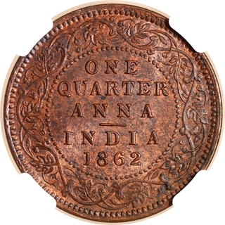 Rare NGC MS 63 RB Graded Copper One Quarter Anna Coin of Victoria Queen of Calcutta Mint of 1862.