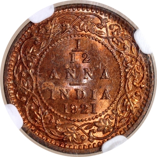 Rare NGC MS 65 RD Bronze One Twelfth Anna Coin of King George V of Calcutta Mint of 1921.