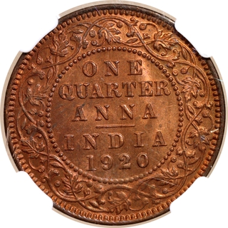 NGC MS 64 RB Graded Bronze One Quarter Anna Coin of King George V of Calcutta Mint of 1920.