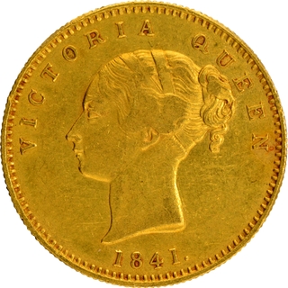 Extremely Rare Gold One Mohur Coin of Victoria Queen of Calcutta or Bombay Mint of 1841.