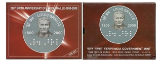 Very Rare 2 Rupees Coin of 200th Birth Anniversary of Louis Braille of Hyderabad Mint of the Year 2009.