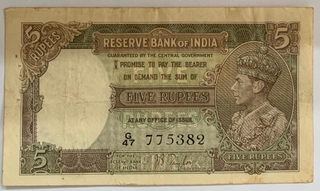 Five Rupee Note of King George VI of 1938 Singed By J.B. Taylor