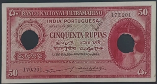  Cancelled Cinquenta (Fifty)Rupees Banknote of Banco Nacional Ultra Marino of Portuguese India issued in 1945 