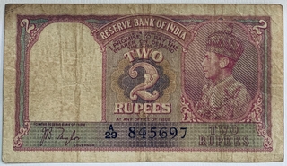 British India King Gorge VI of Two Rupees Bank Note of  Signed By J.B. Taylor 1943