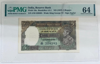 British India King George VI, 5 Rupees notes, Signed by J B Taylor