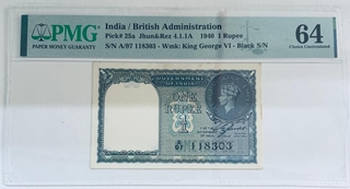 British India King George VI One Rupee Note Signed by C.E Jones