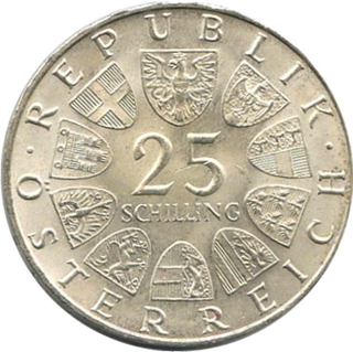 Silver Twenty Five Schilling Commemorative Coin of Austria Issued in 1970.