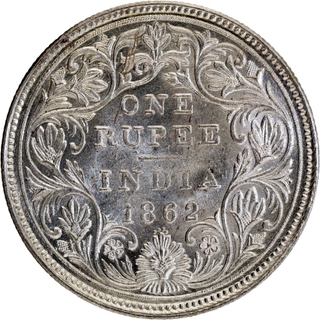 Rare Silver One Rupee Coin of Victoria Queen of Bombay Mint of 1862 of A/II/0/4 Dots.