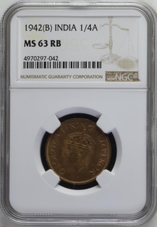 NGC  MS 63 RB  Bronze One Quarter Anna Coin of King George VI of Bombay Mint of 1942.