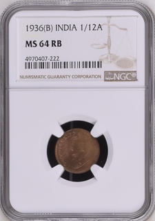 NGC MS 64 RB graded Bronze One Twelfth Anna Coin of King George V of Bombay Mint of 1936.