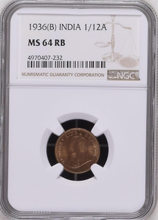 NGC MS 64 RB graded Bronze One Twelfth Coin of King George V of Bombay Mint of 1936.