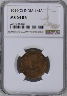 NGC MS 64 RB graded Bronze One Quarter Anna Coin of King George V of  Calcutta Mint of 1919.