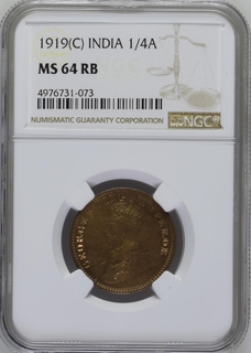 NGC MS 64 RB graded Bronze One Quarter Anna Coin of King George V of Calcutta Min of 1919.