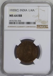 NGC MS 64 RB Bronze  One Quarter anna Coin of  King George V of Calcutta Mint of  1920.