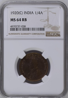 NGC MS 64 RB Bronze  One Quarter anna Coin of  King George V of Calcutta Mint of  1920.