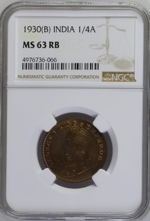 NGC MS 63 RB graded Bronze One Quarter Anna Coin of King George V of  Bombay Mint of  1930.