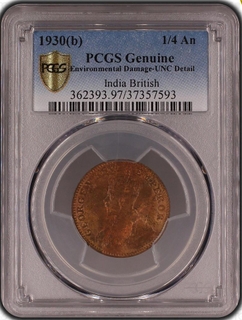 PCGS GENUINE  UNC Detail graded Bronze one Quarter Anna Coin of King George V of Bombay Mint of 1930.