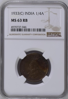 NGC MS 63 RB graded Bronze One Quarter Anna Coin of King George V of Calcutta Mint of 1933.