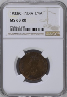 NGC MS 63 RB graded Bronze  One Quarter Anna Coin of King George V of Calcutta Mint of 1933.