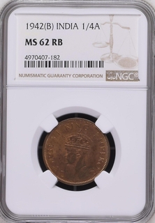 NGC MS 62 RB graded Bronze One Quarter Anna Coin of King George VI of Bombay Mint of 1942.