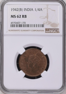 NGC  MS 62 RB  Bronze One Quarter Anna Coin of King George VI of Bombay Mint of 1942.