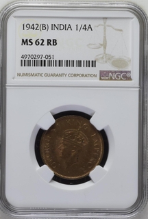 NGC  MS 62 RB  Bronze One Quarter Anna Coin of King George VI of Bombay Mint of 1942.