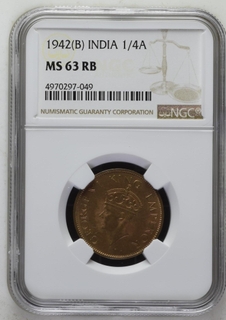 NGC  MS 63 RB  Bronze One Quarter Anna Coin of King George VI of Bombay Mint of 1942.