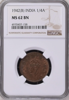 NGC  MS 62 BN  Bronze One Quarter Anna Coin of King George VI of Bombay Mint of 1942.