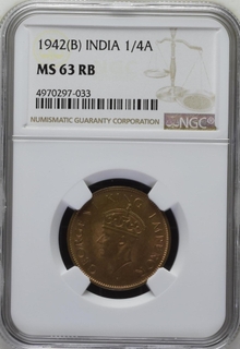 NGC  MS 63 RB  Bronze One Quarter Anna Coin of King George VI of Bombay Mint of 1942.