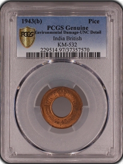 PCGS UNC Detail graded Bronze One Pice Coin of King George VI of  Bombay Mint of 1943.