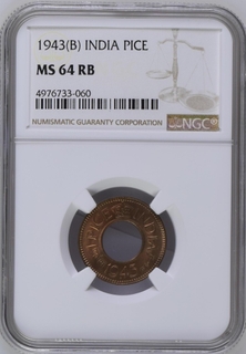 NGC MS 64 RB graded Bronze One Pice Coin of King George VI of Bombay Mint of 1943.