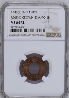 NGC MS 64 RB graded Bronze 1 Pice Coin of King George VI of Bombay Mint of 1943.