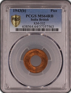 PCGS MS 64 RB graded Bronze One Pice Coin of King George VI of Bombay Mint of 1943.
