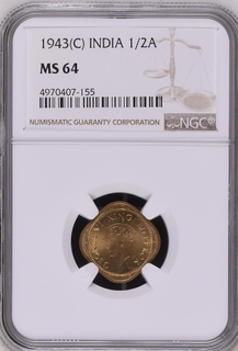 NGC MS 64 graded Nickel Brass Half Anna Coin of King George VI of Calcutta Mint of 1943.