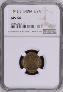 NGC MS 64 graded Nickel Brass Half Anna Coin of King George VI of Bombay Mint of  1942.