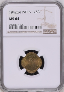 NGC MS 64 graded Nickel Brass Half Anna Coin of King George VI of Bombay Mint of  1942.