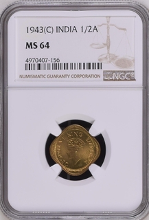 NGC MS 64 graded Nickel Brass Half Anna Coin of King George VI of Calcutta Mint of 1943.
