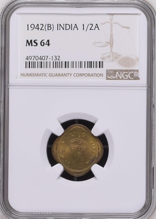 NGC MS 64 graded Nickel Brass Half Anna Coin of King George VI of Bombay Mint of  1942.