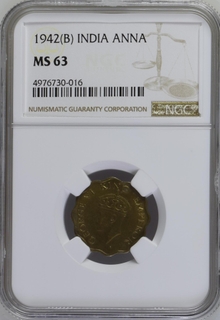 NGC MS 63 graded Nickel Brass One Anna Coin of King George VI of Bombay Mint of 1942.