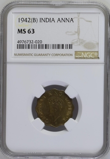NGC MS 63 graded Nickel Brass One Anna Coin of King George VI of Bombay Mint of 1942.